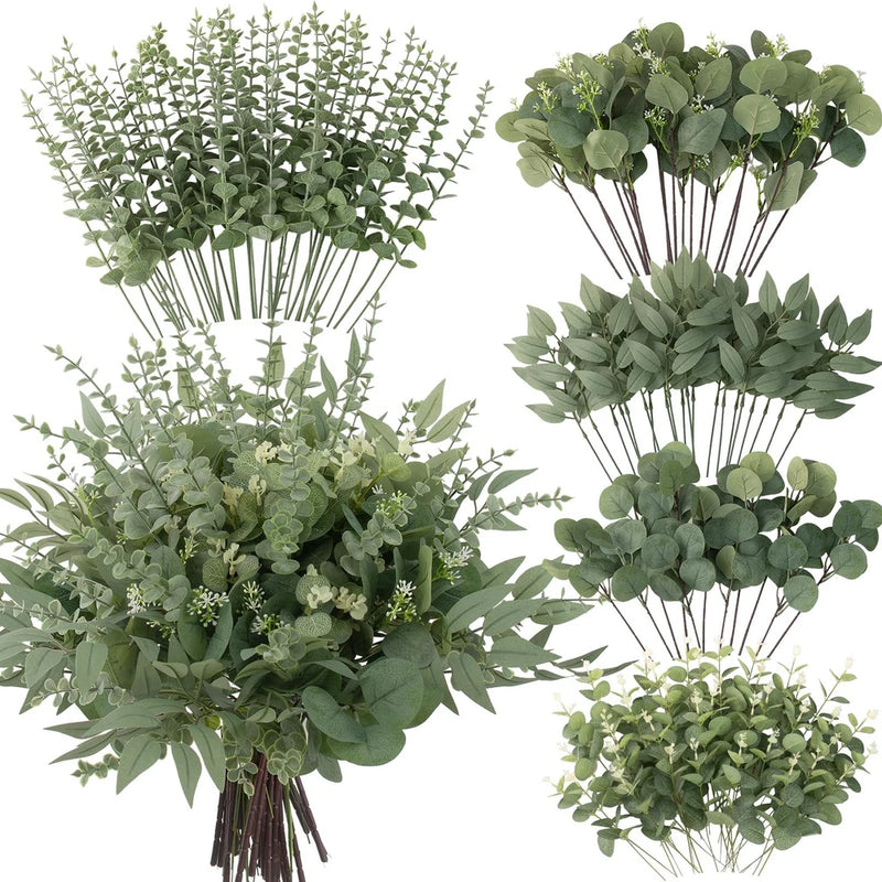 260 Pcs Artificial Mixed Eucalyptus Stems Bulk, 5 Kinds of Faux Greenery Euca... Green Plant