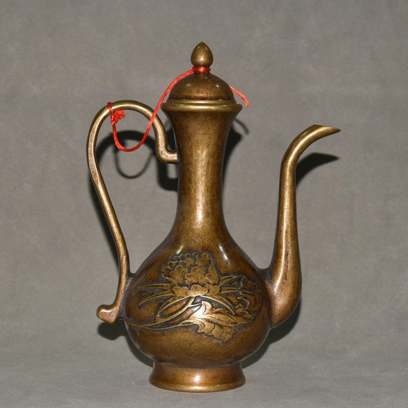 Gold-toned decorative teapot ornament with peony engraving and arched spout