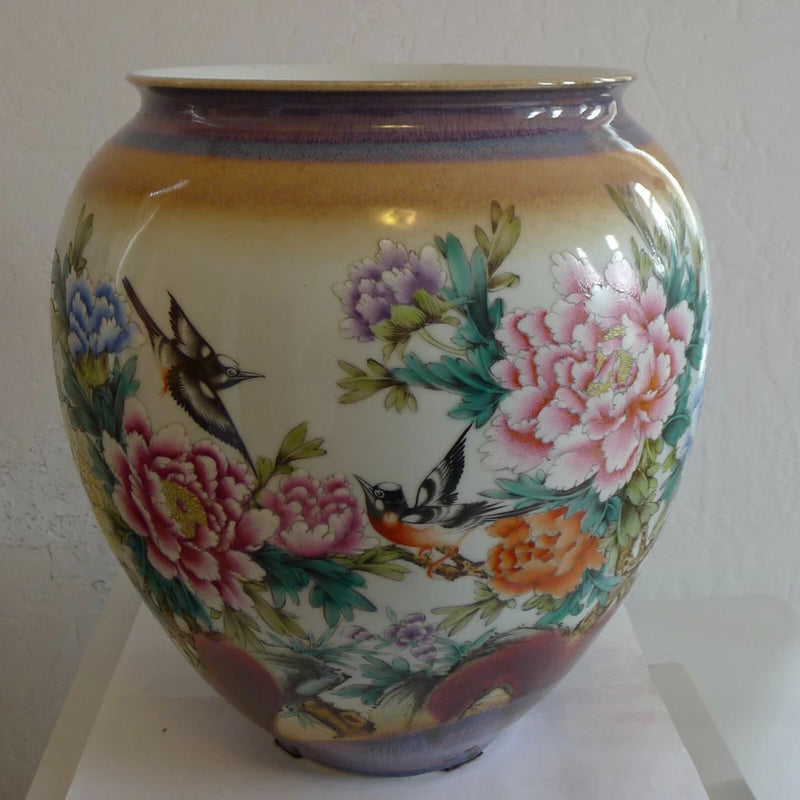 Porcelain vase with peony flower and bird design, multicolor