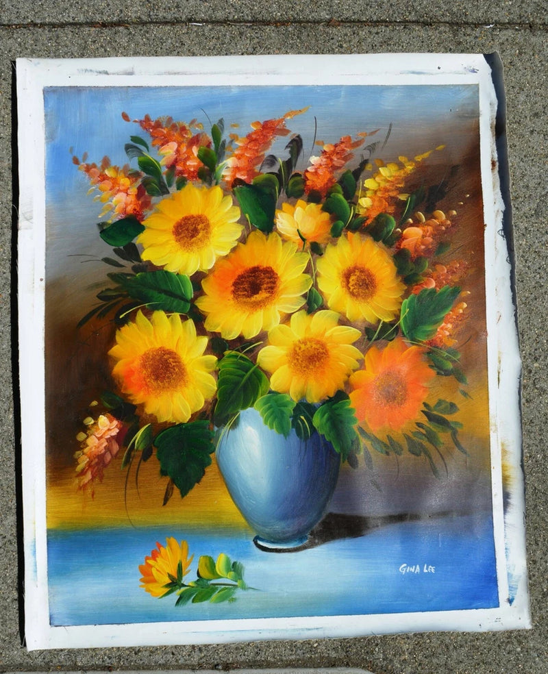 Sunflower flower bouquet oil painting on painted canvas with vase and green leaves