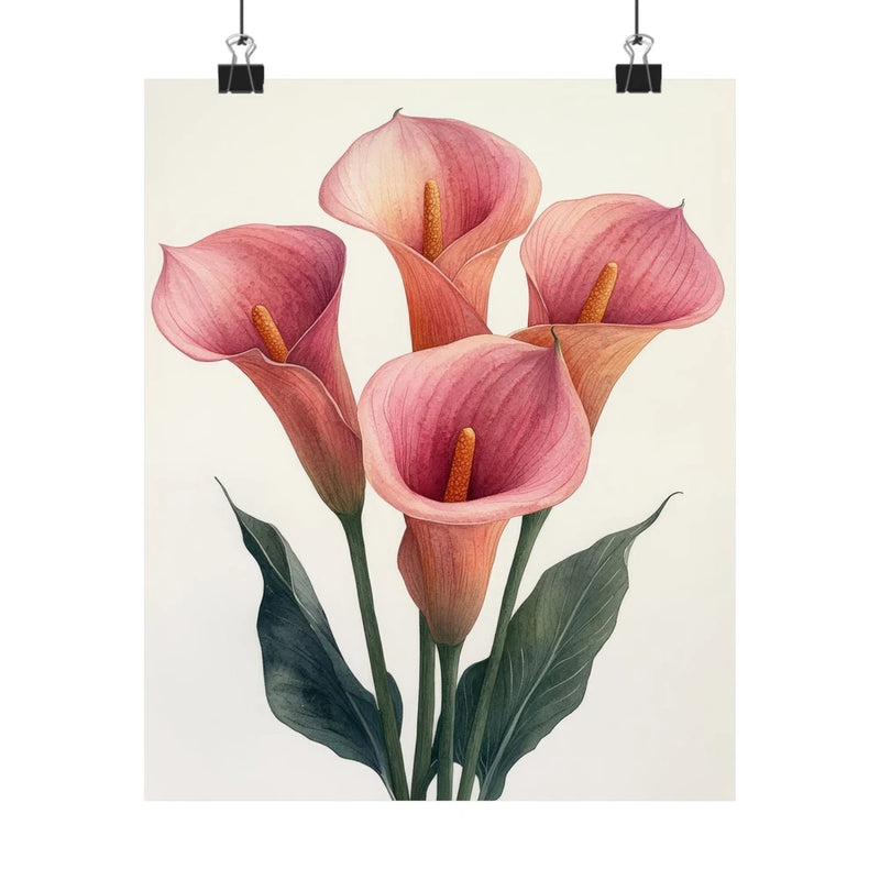 Floral art print poster with pink calla lilies and green leaves