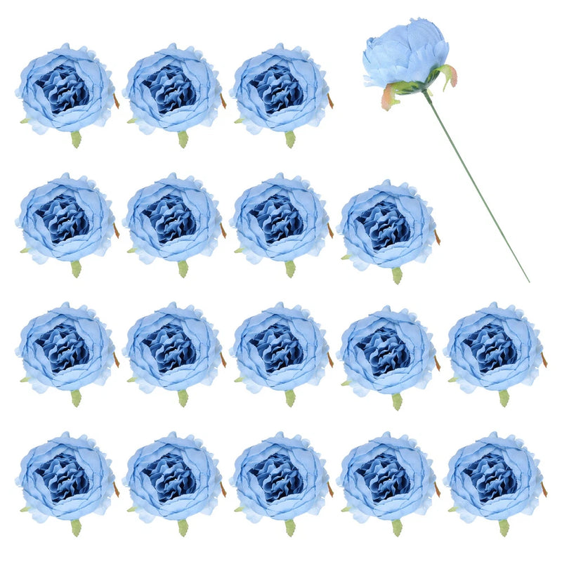 25Pcs Peonies Artificial Flowers, Fake Peony Flowers with Stems, Sky Blue Peony
