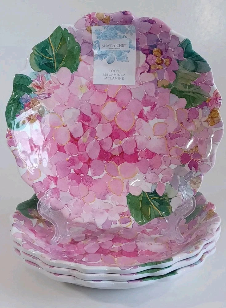 Set / 4 Melamine Shallow Bowls Floral Pink Hydrangea 8.5" Vibrant Colors, New Hydrangea