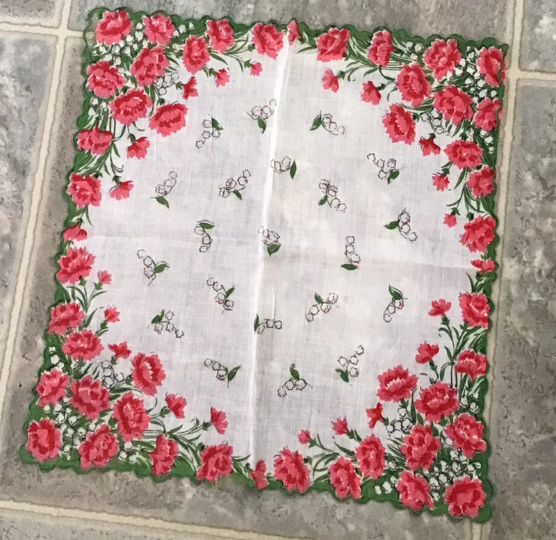 VINTAGE FLORAL COTTON HANDKERCHIEF CARNATION AND LILY OF THE VALLEY SCALLOPEDEDG Carnation