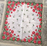 VINTAGE FLORAL COTTON HANDKERCHIEF CARNATION AND LILY OF THE VALLEY SCALLOPEDEDG Carnation