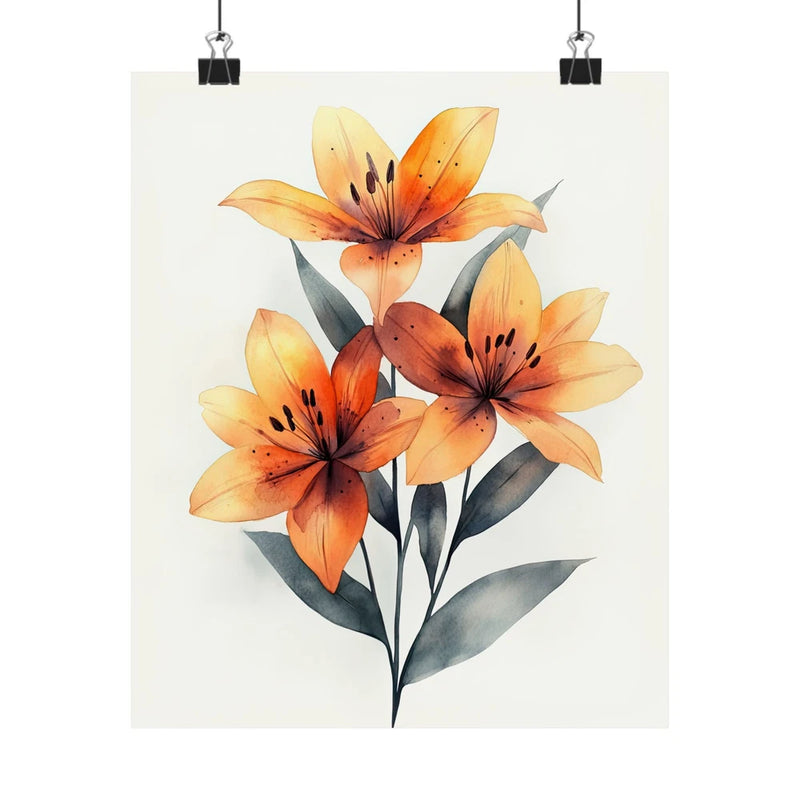 Lily flower art print poster with orange and yellow blossoms and dark leaves