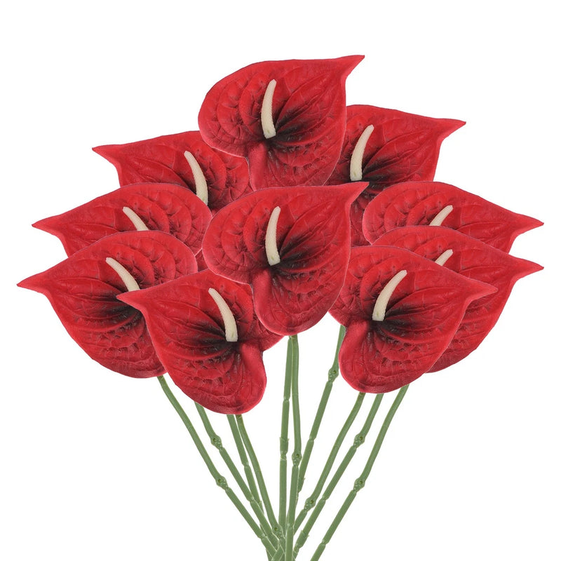 Artificial dark red anthurium lily flower bouquet with green stems and white spadix