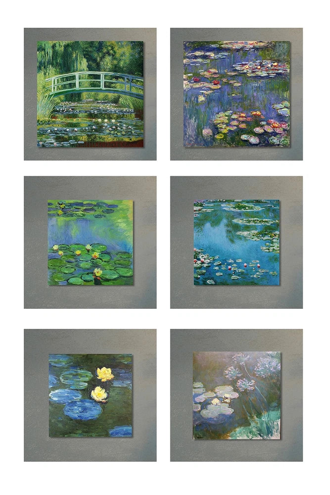 Water lilies art print poster wall art with Monet-style pond flowers in green and blue
