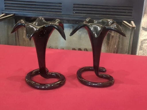 Vintage Black Amethyst Art Glass Lily with Twirl Coiled Stem 8x6 Pair Lily
