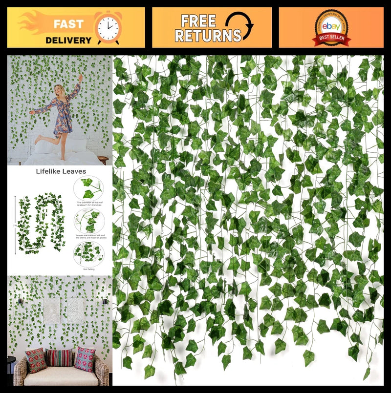 Artificial ivy vine garland with cascading green leaf clusters for home decor