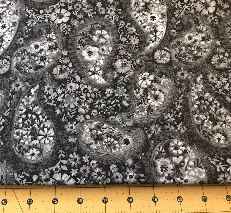 Paisley Floral Black 100% cotton fabric sold by the yard # 2497 Flowering Plants