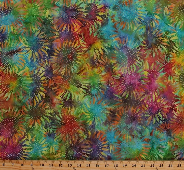 Multi-Colored Sunflowers Flowers Floral Cotton Batik Fabric Print BTY D401.19 Flowering Plants