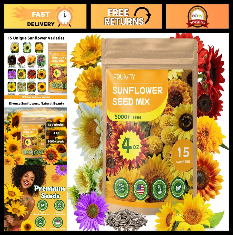 5000+ Non-GMO Sunflower Seeds Mix - 15 Varieties, Heirloom Garden Pack, High Ger Garden Plants