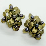 Vtg Hydrangea Flower Cluster Faux Peacock Pearl Bud Statement Earrings Clip-on Hydrangea