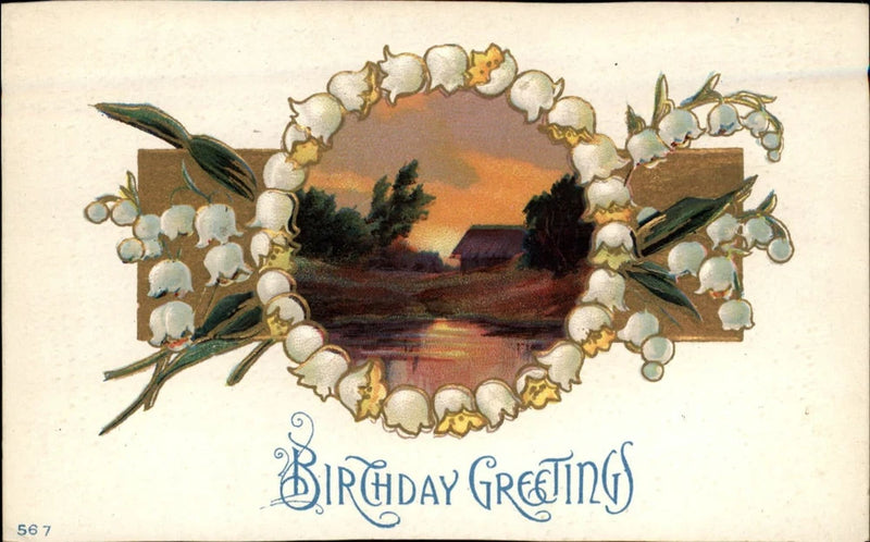 Vintage birthday greeting card with lily of valley floral wreath and countryside sunrise scene
