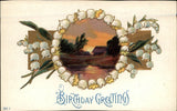 Birthday Lily of Valley flowers ~ inset country scene sunrise sunset ~ c1910 Lily