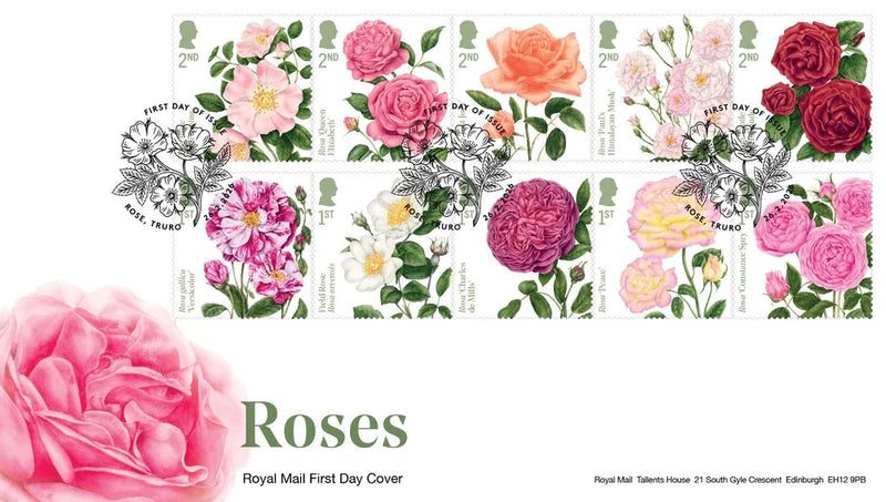 GB 2026 ROSES First Day Cover Stamp Set - Rose, Truro postmark, issue 26/02/2026 Roses