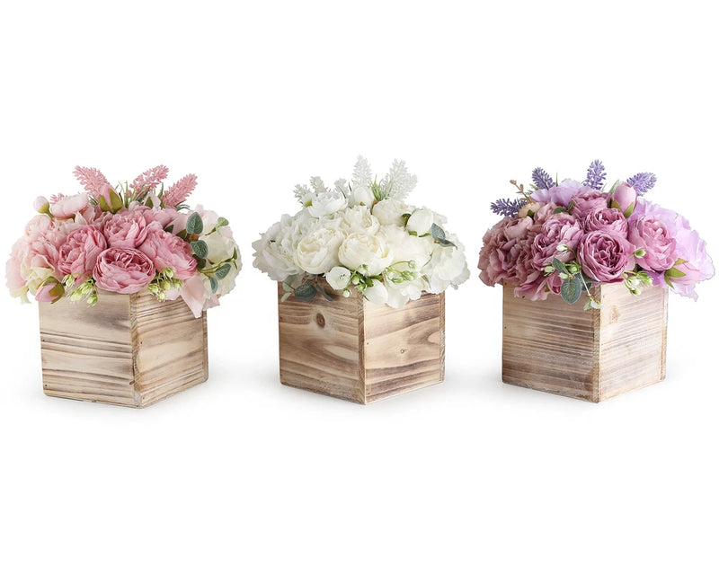 Artificial peony flower arrangement in wood square vase with mixed blossoms