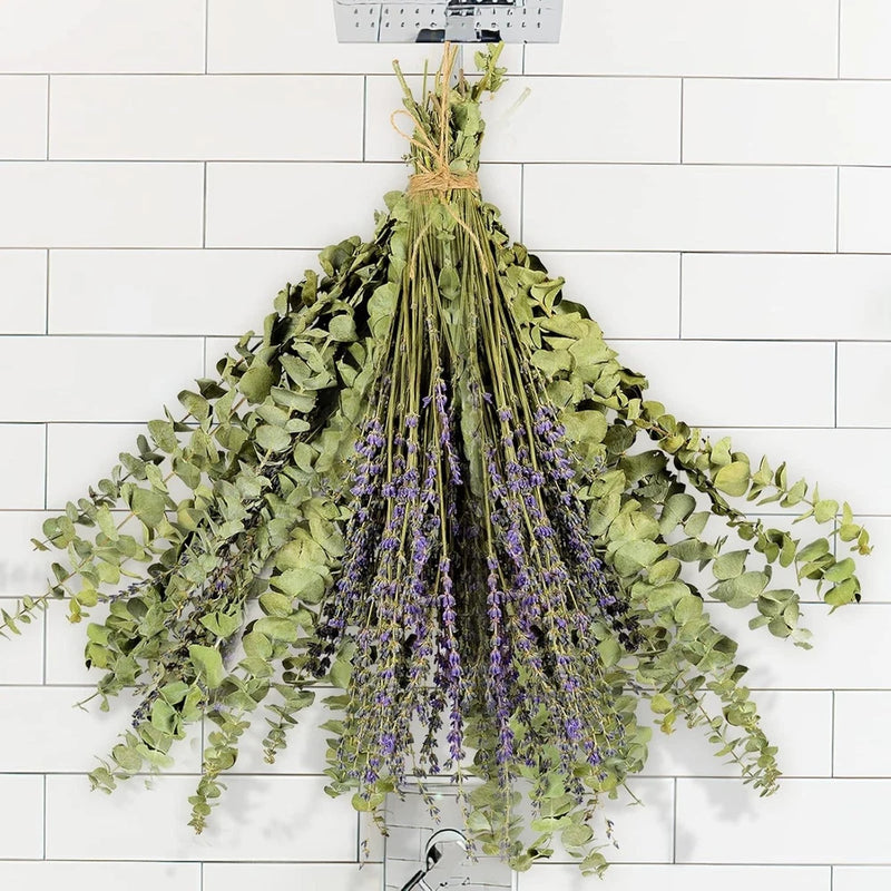 Dried eucalyptus and lavender flower bundle, green stems with purple blooms