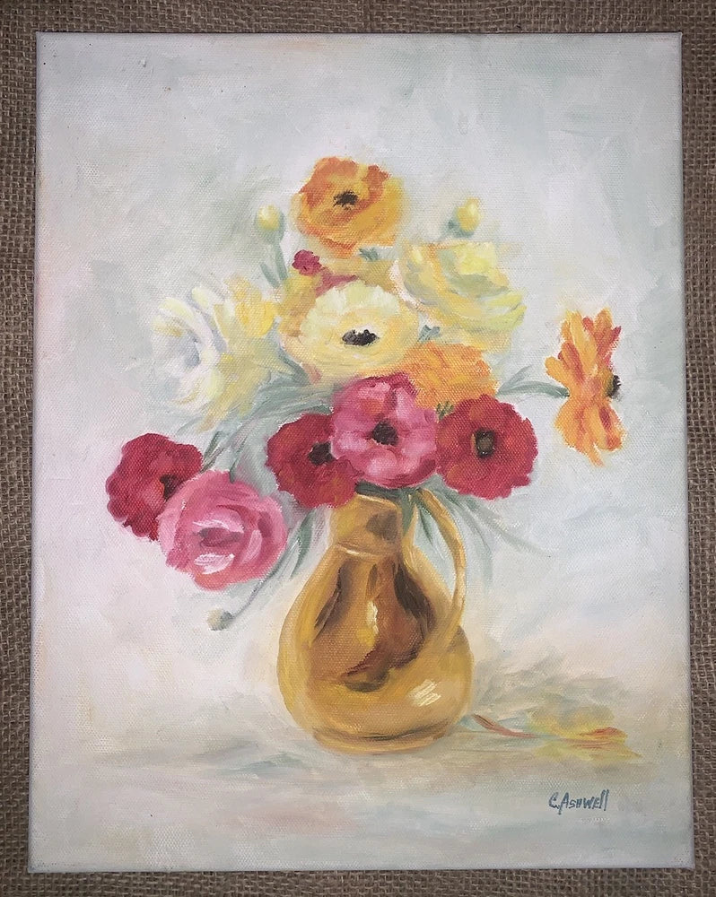 Original Vtg Ranunculus Still Life Red Pink Floral 11x14 Canvas Signed C Ashwell Ranunculus