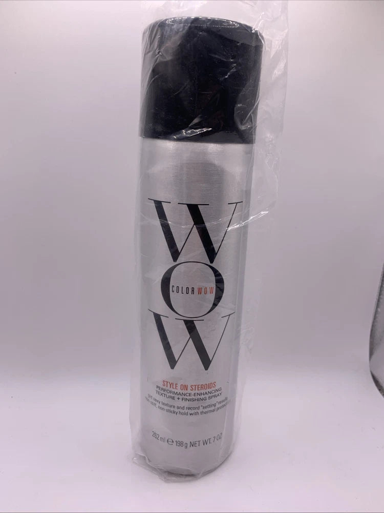 Color Wow Style On Steroids hair spray bottle with dark cap, W logo, thermal protection label