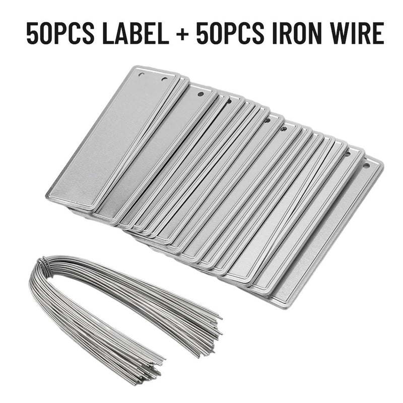 Double-sided aluminum plant labels with write-on surface and metal wire stakes set