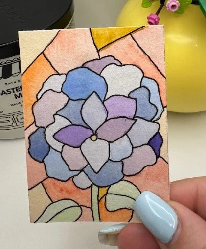 ACEO Original LKZArtCreations Watercolor Stained Glass inspired Blue Hydrangea Hydrangea