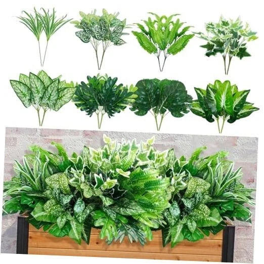 Artificial green boxwood-style plant bunches in a wooden planter