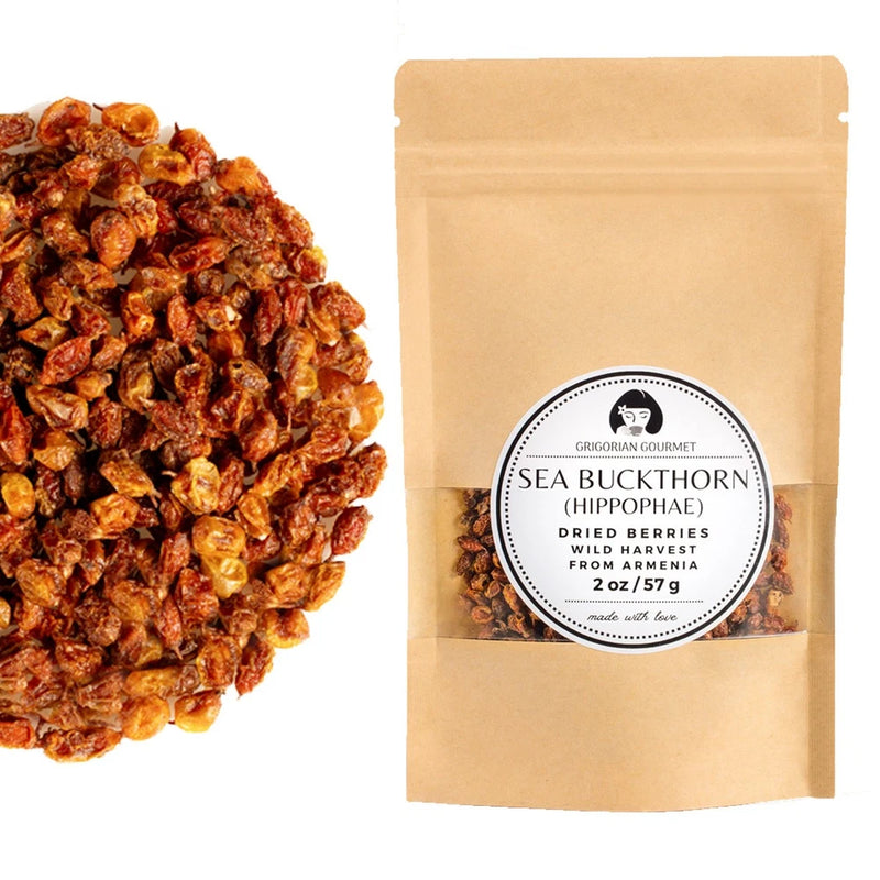 Sea buckthorn dried berries in stand-up kraft pouch, orange-brown dried berries