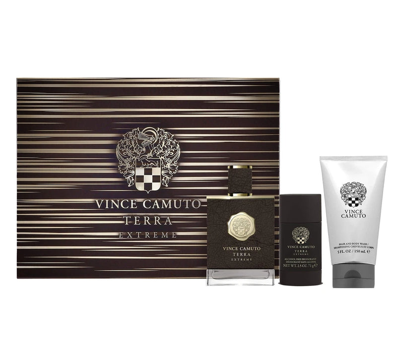 Vince Camuto Terra Extreme 3 Pc, 3.4 oz. EDP + deodorant and shampoo Distressed EDP