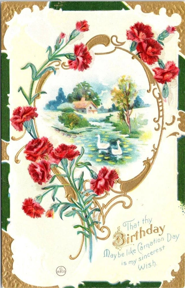 Vintage Greeting  THY BIRTHDAY BE LIKE CARNATION DAY  Flowers  1910 Postcard Carnation