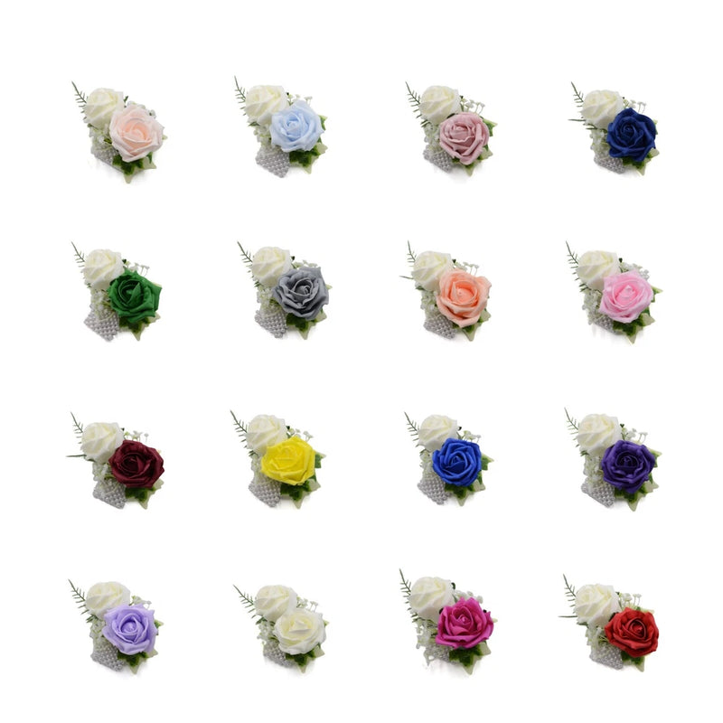 Artificial foam rose wrist corsage with bead band and greenery, multicolor set