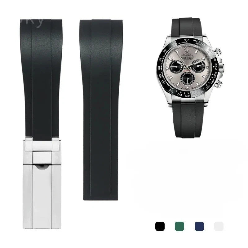 Black silicone watch strap band with metal buckle, sports style