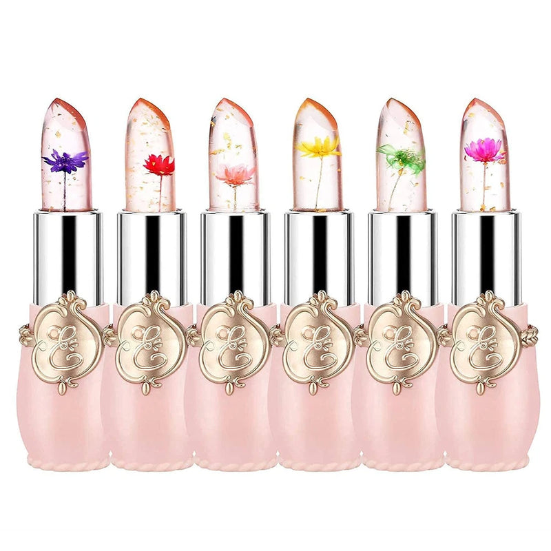 Pack of 6 pink jelly lipsticks with crystal flower caps, glossy moisturizing balm