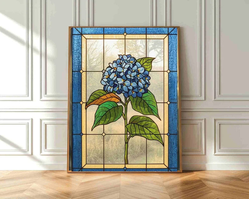 Hydrangea Flower Botanical Stained Glass Canvas Wall Art | Cottagecore Decor Hydrangea