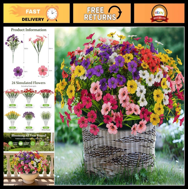 24 Bundles Lifelike UV Protected Artificial Flowers - No Fade Silk Plants for Ga Flowering Plants