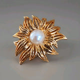 Vintage Stylized Sun Flower Brooch, Goldtone With Faux Pearl Center Sunflower