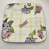 Zrike Hand Painted 8" Square Ceramic Plate Dragonfly Hydrangea Gingham Plaid 8in Hydrangea