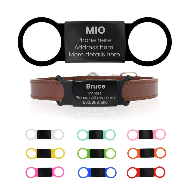 Personalized pet slide-on collar ID tag, black strap with brown leather name plate