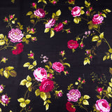 Romantic Ruby Red Floral Fabric | Black Poly-Cotton Blend by the Yard | 58" Flowering Plants