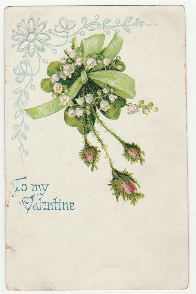 Vintage Postcard Valentine Lily of the Valley Flowers Pink Roses Embossed Lily