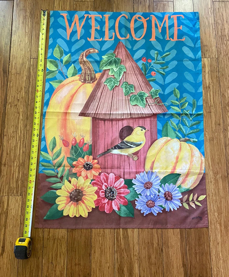 Garden welcome harvest flag with blue background, 'WELCOME', bird house, pumpkins and flowers