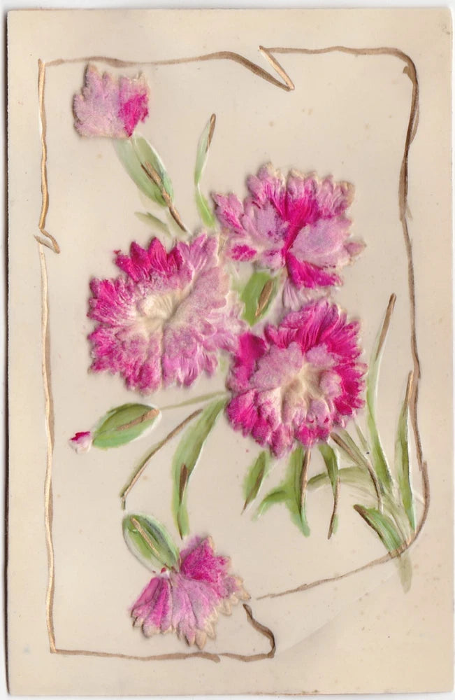 Vintage postcard with embossed pink carnation flowers and green leaves