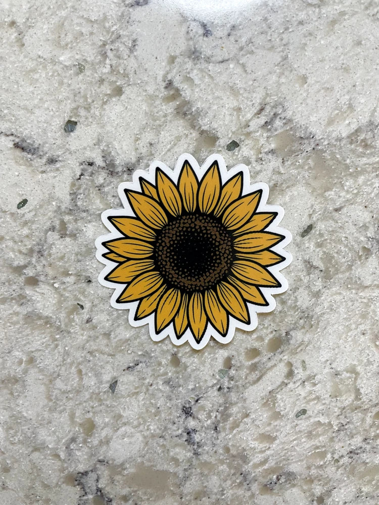 Sunflower flower head sticker with glossy yellow petals and dark center, waterproof decal