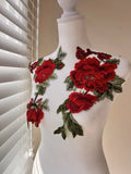 Red and Green Applique (2 Pieces) Big Rose Patch Embroidered Flowers Roses