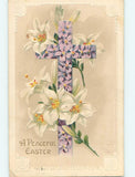 Pre-Linen VIOLET FLOWERS ON JESUS CROSS WITH EASTER LILY FLOWERS hr2552 Lily