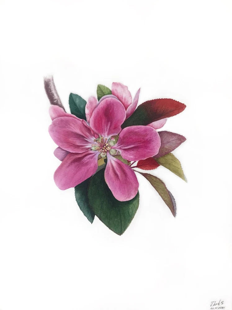 Hand-painted floral wall art of pink blossom with green leaves