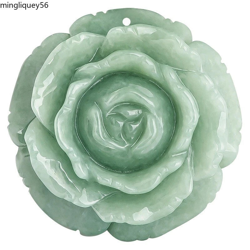 Natural  Emerald Jade Peony Flower Pendant Necklace Carved Jadeite Bead  Amulet Peony