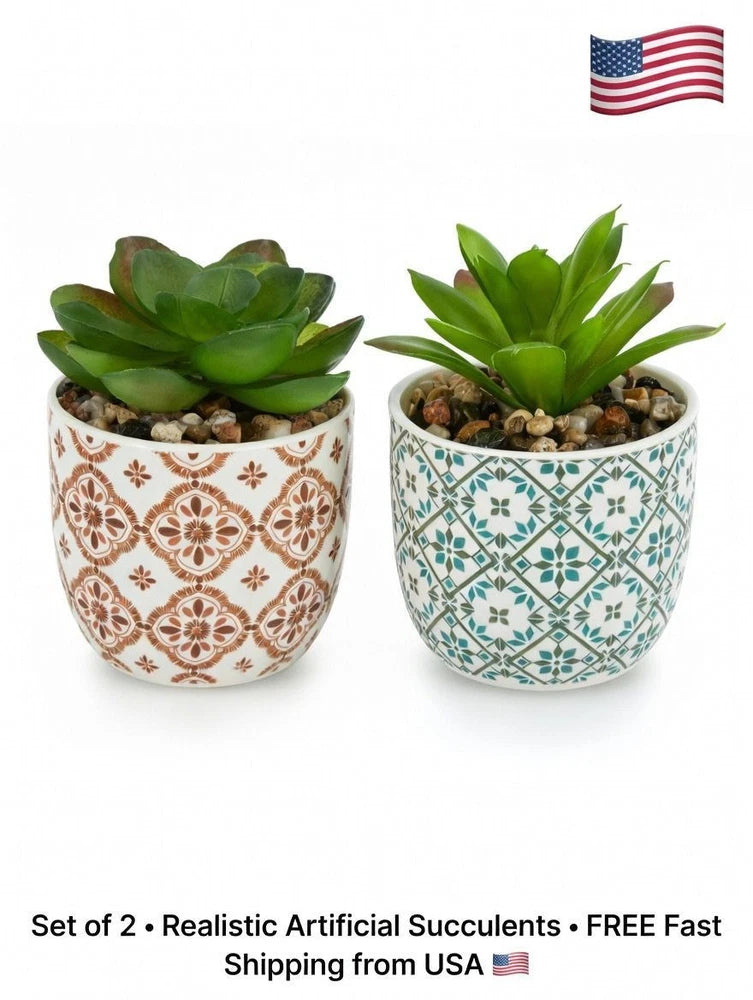 Artificial Plants Succulent Flowers in Ceramic Planter 2 Pack Small Fake Plants Green Plant