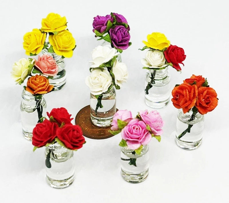 Mini glass vases with assorted paper roses, dolls house scale